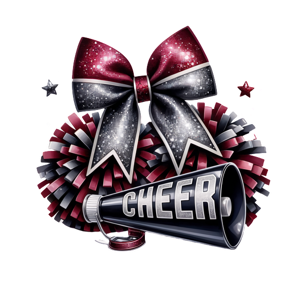 A vibrant cheerleading design featuring a glittery bow, pom-poms, and a megaphone emblazoned with the word "CHEER."DTF Transfers dtf prints