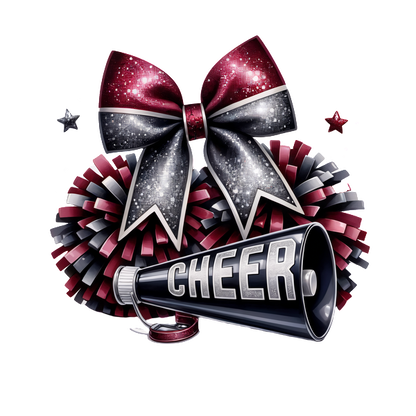 A vibrant cheerleading design featuring a glittery bow, pom-poms, and a megaphone emblazoned with the word "CHEER."DTF Transfers dtf prints