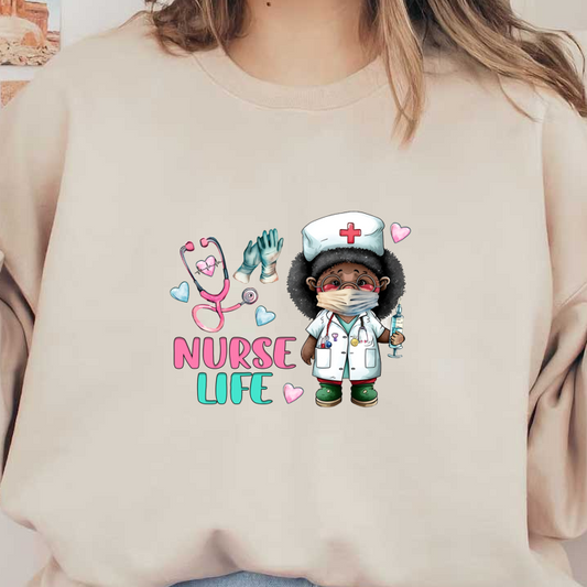 A cute cartoon nurse character holding a syringe, wearing a white coat and a nurse's cap, with "Nurse Life" text and playful icons.DTF Transfers