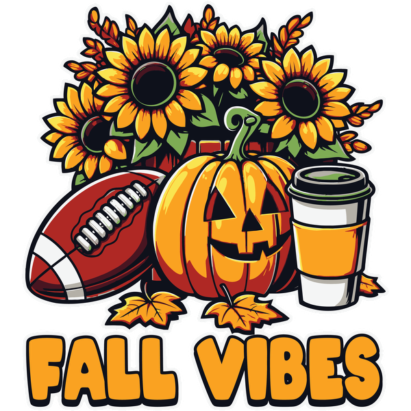 Celebrate fall with a vibrant design featuring sunflowers, a smiling pumpkin, a football, and a cozy cup of coffee! dtf transfers