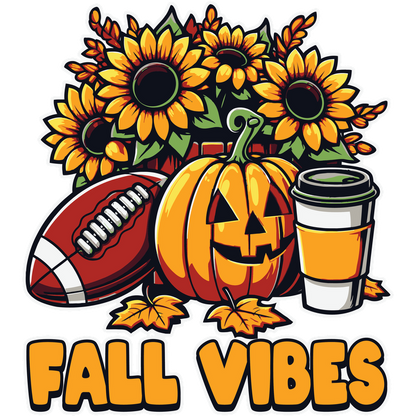 Celebrate fall with a vibrant design featuring sunflowers, a smiling pumpkin, a football, and a cozy cup of coffee! dtf transfers