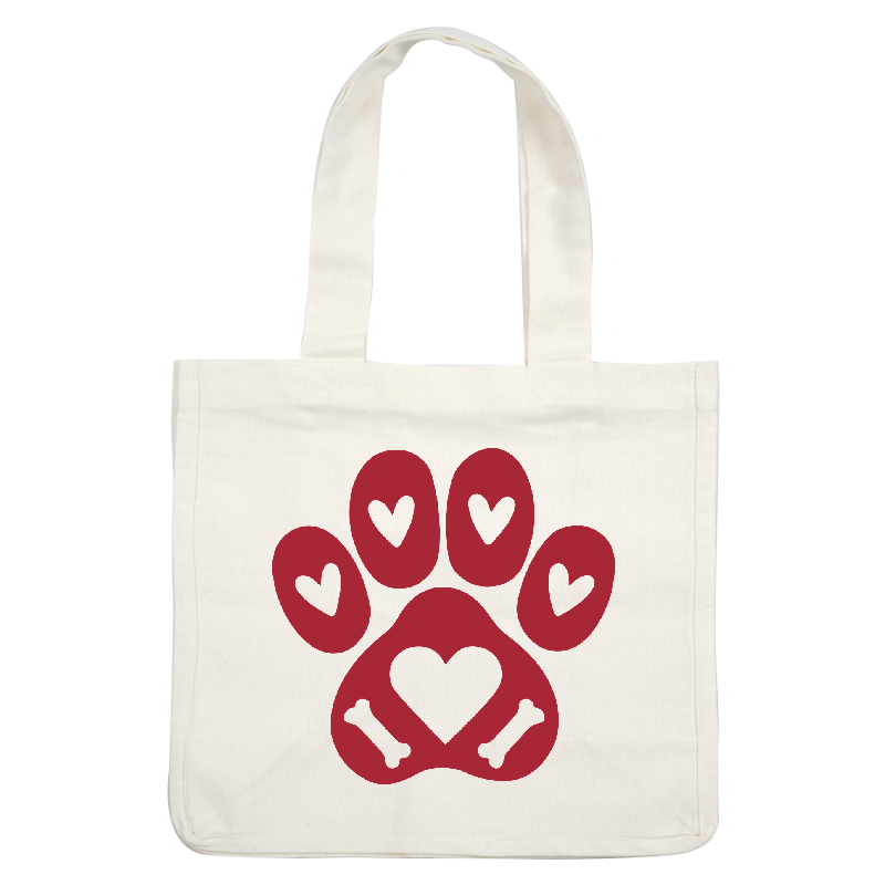 A playful red paw print design featuring hearts and bones, symbolizing love for pets and animal companionship.DTF Transfers