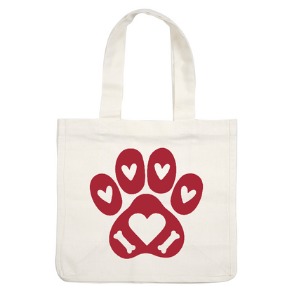 A playful red paw print design featuring hearts and bones, symbolizing love for pets and animal companionship.DTF Transfers