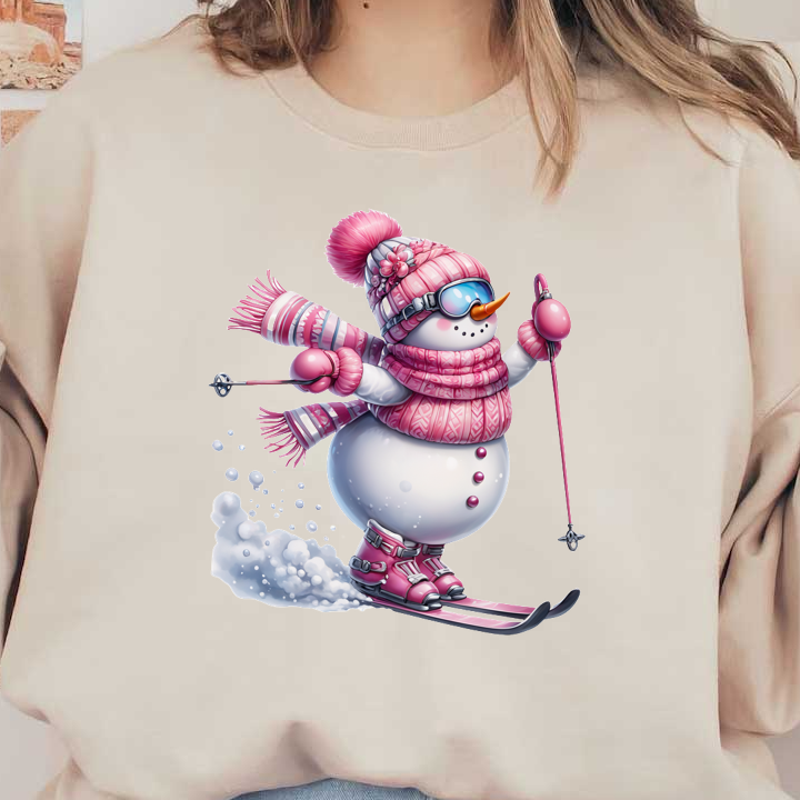 A cheerful snowman dressed in pink skiing attire, complete with a cozy scarf, hat, and goggles, gracefully glides through the snow. heat press transfers