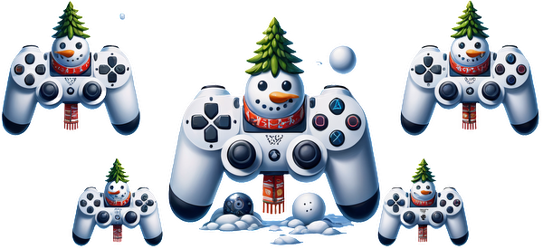 Playful holiday-themed gaming controllers featuring whimsical snowmen adorned with tiny Christmas trees and surrounded by snowballs.UV Transfers dtf transfers