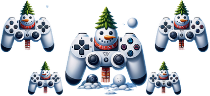 Playful holiday-themed gaming controllers featuring whimsical snowmen adorned with tiny Christmas trees and surrounded by snowballs.UV Transfers dtf transfers