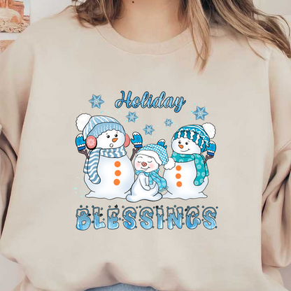 Three cheerful snowmen adorned in festive scarves and hats spread joy with the message "Holiday Blessings" surrounded by snowflakes.