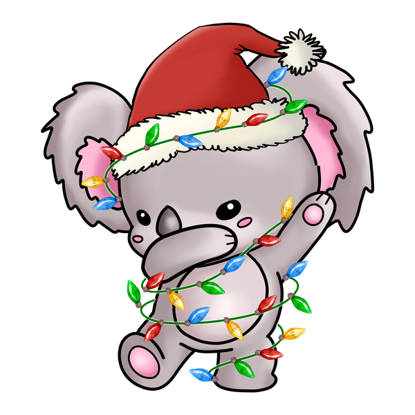 Un simpático koala de dibujos animados lleva un gorro de Papá Noel y está envuelto juguetonamente en coloridas luces navideñas.