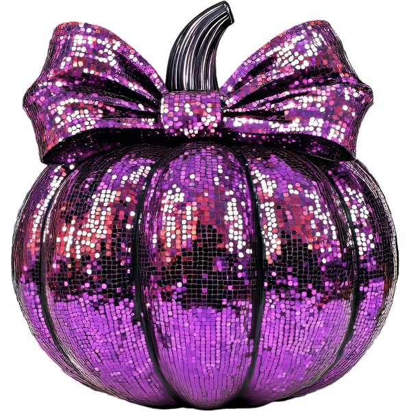 Shiny purple pumpkin decorated with sequins and a stylish bow, perfect for festive decorations or Halloween! dtf prints