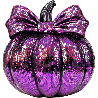 Shiny purple pumpkin decorated with sequins and a stylish bow, perfect for festive decorations or Halloween! dtf prints