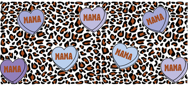 A playful pattern featuring colorful heart shapes with "MAMA" text against a dark, speckled background.UV Transfers heat press transfers