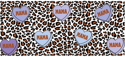 A playful pattern featuring colorful heart shapes with "MAMA" text against a dark, speckled background.UV Transfers heat press transfers