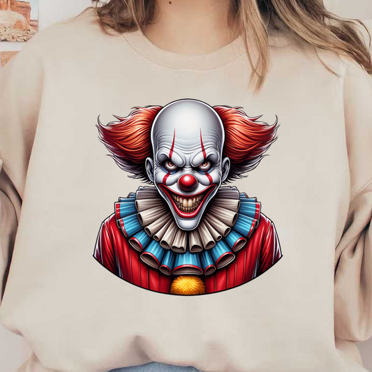 A menacing clown with striking red hair, a sinister smile, and a colorful ruffled collar, perfect for Halloween vibes. heat press transfers