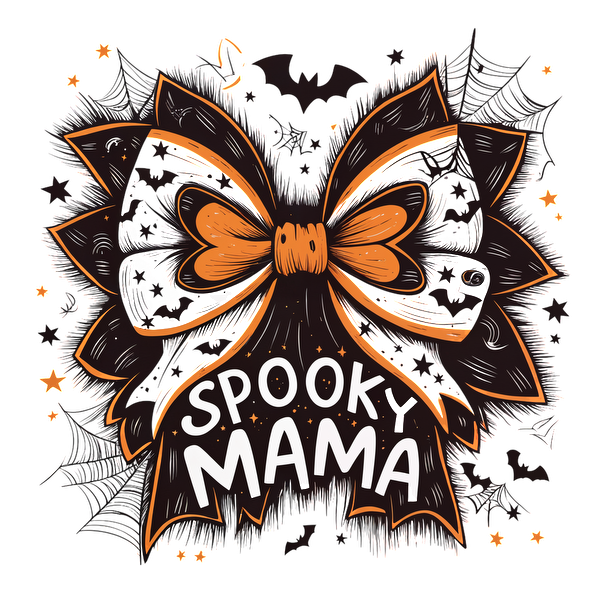 Una vibrante ilustración con temática de Halloween que presenta un gran lazo negro y naranja con el texto "Spooky Mama" en una fuente divertida.