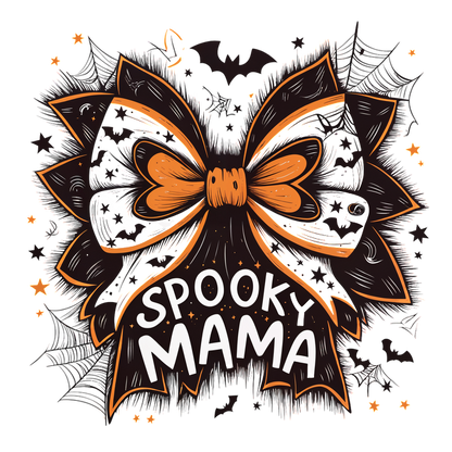 Una vibrante ilustración con temática de Halloween que presenta un gran lazo negro y naranja con el texto "Spooky Mama" en una fuente divertida.