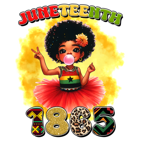 Celebrate Juneteenth with this vibrant illustration of a girl in a colorful outfit, symbolizing freedom and joy, marked 1865.dtf regular iron