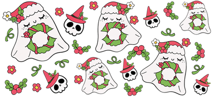 Celebrate the season with this whimsical pattern featuring cute ghosts, skulls, and festive holly, perfect for Halloween and Christmas!UV Transfers dtf transfers