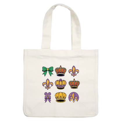 A colorful collection of nine crown and fleur-de-lis designs, featuring vibrant colors and playful details, perfect for festive themes.DTF Transfers