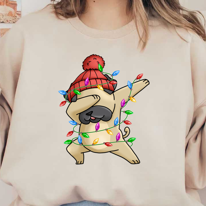 A playful cartoon pug wearing a red beanie and tangled in colorful Christmas lights, striking a fun pose. dtf prints