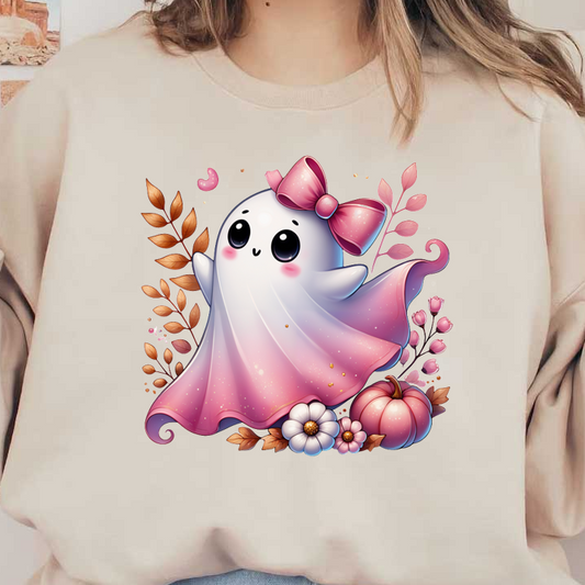 Este adorable personaje fantasma presenta un lazo rosa, una expresión alegre y está rodeado de hojas y flores de otoño.