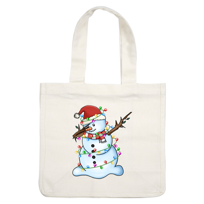 Festively decorated, this charming snowman in a Santa hat is wrapped in colorful lights, spreading holiday cheer! dtf prints