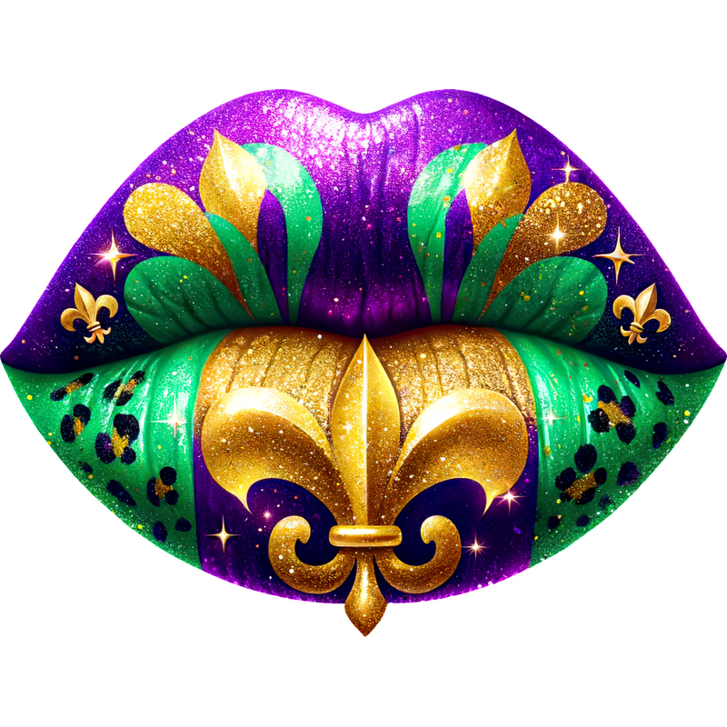 Vibrant, sparkling lips adorned with purple, green, and gold colors, featuring a regal fleur-de-lis design, perfect for carnival celebrations.DTF Transfers