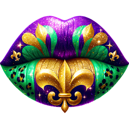 Vibrant, sparkling lips adorned with purple, green, and gold colors, featuring a regal fleur-de-lis design, perfect for carnival celebrations.DTF Transfers