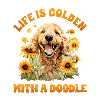 ¡Celebre la alegría de tener un Doodle con este diseño vibrante que presenta un perro sonriente rodeado de girasoles y un texto alegre!