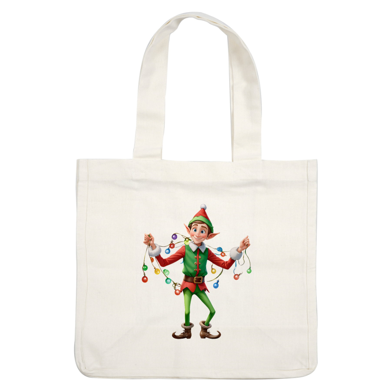 Cheerful cartoon elf in festive attire, holding colorful Christmas lights, ready to spread holiday cheer and joy!DTF Transfers dtf prints