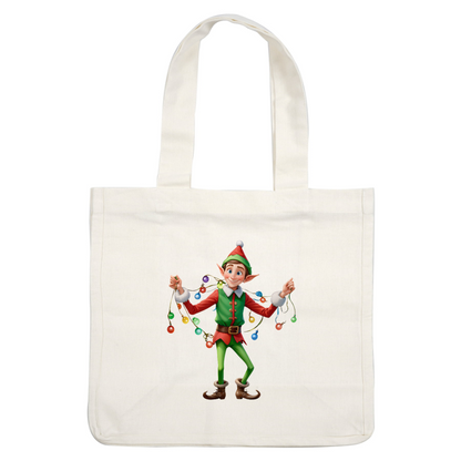 Cheerful cartoon elf in festive attire, holding colorful Christmas lights, ready to spread holiday cheer and joy!DTF Transfers dtf prints