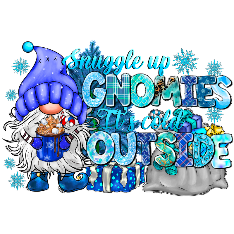 Cozy winter-themed illustration featuring a gnome with a blue hat holding a mug, surrounded by festive gifts and snowflakes.DTF Transfers dtf transfers
