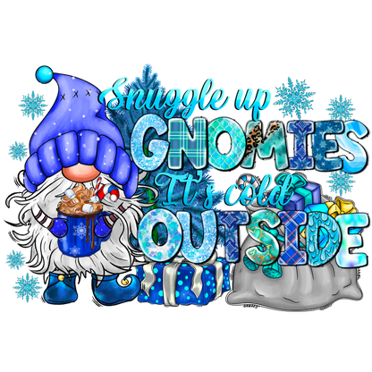Cozy winter-themed illustration featuring a gnome with a blue hat holding a mug, surrounded by festive gifts and snowflakes.DTF Transfers dtf transfers