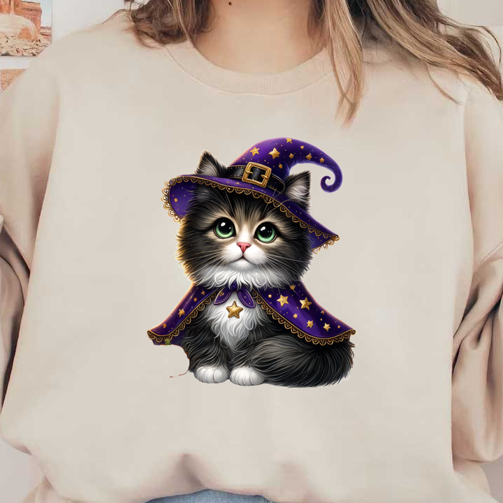 Adorable black and white kitten dressed in a purple witch hat and cape, adorned with stars, perfect for Halloween!dtf regular iron