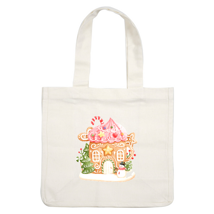 Festive gingerbread house with a pink frosting roof and cheerful snowman nearby!DTF Transfers