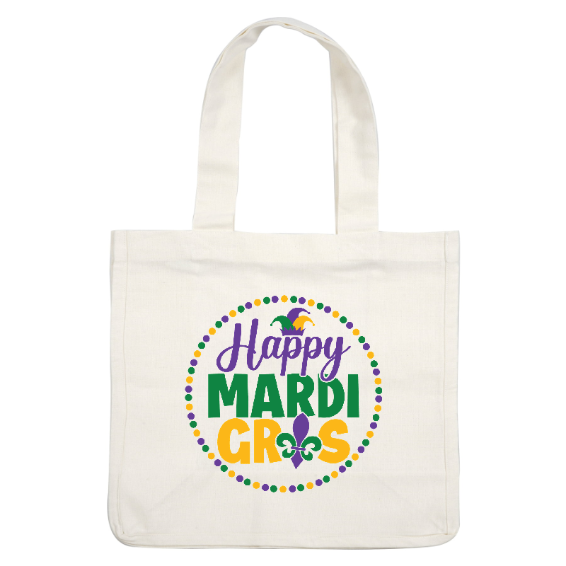 Celebrate Mardi Gras with this vibrant design featuring playful text, colorful beads, and a festive jester hat!DTF Transfers