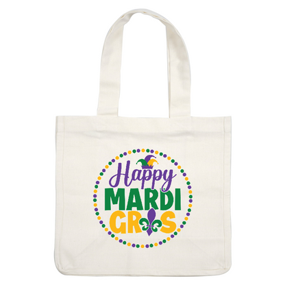 Celebrate Mardi Gras with this vibrant design featuring playful text, colorful beads, and a festive jester hat!DTF Transfers