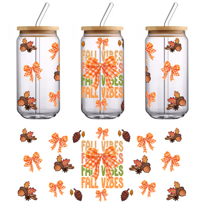 Celebrate autumn with this cheerful design featuring vibrant orange bows, acorns, and the words "Fall Vibes" in a festive style.UV Transfers heat press transfers