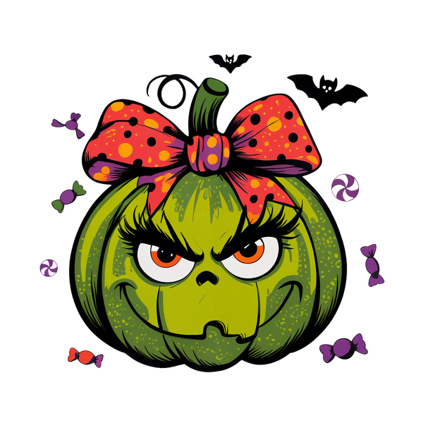 Una traviesa calabaza verde con un lazo de lunares, pestañas atrevidas y una expresión divertida, ¡perfecta para Halloween!