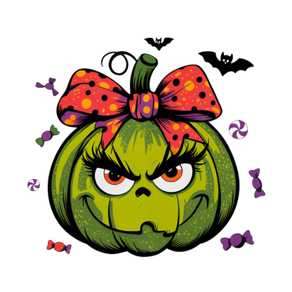 Una traviesa calabaza verde con un lazo de lunares, pestañas atrevidas y una expresión divertida, ¡perfecta para Halloween!