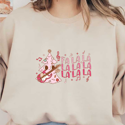 A whimsical pink Christmas tree character joyfully playing guitar, surrounded by musical notes and festive "Fa la la la" text. heat press transfers