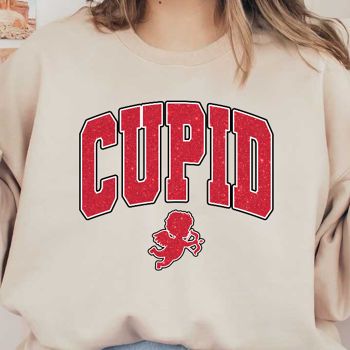 Sparkling red "CUPID" text with a playful cherub design, perfect for celebrating love and romance!DTF Transfers