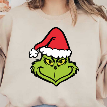 A whimsical Grinch wearing a red and white Santa hat, showcasing his mischievous grin and bright green fur.DTF Transfers dtf transfers dtf transfers