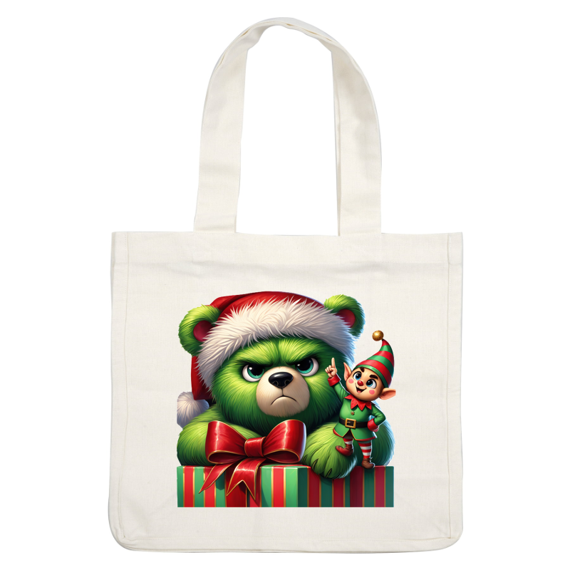 An adorable, green teddy bear wearing a Santa hat scowls beside a happy little elf, all set against Christmas gifts.DTF Transfersdtf regular iron