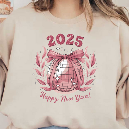 Celebrate the New Year with this festive 2025 design featuring a charming disco ball wrapped in a pink ribbon!DTF Transfers