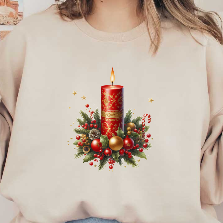 A festive red candle surrounded by holly, pinecones, and Christmas ornaments, creating a warm holiday ambiance.dtf regular iron