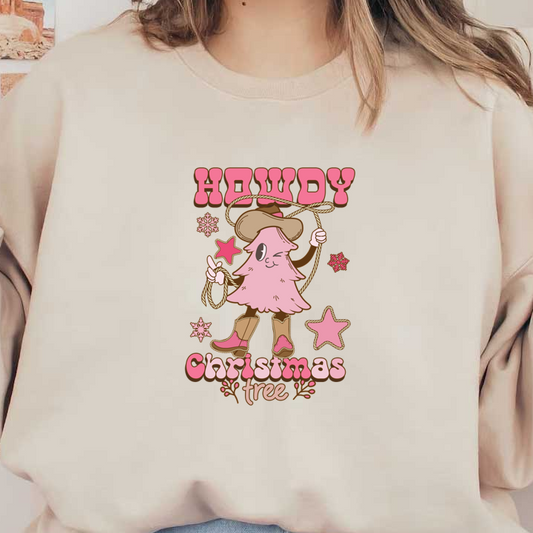 A whimsical cowboy-themed Christmas tree character with a lasso, surrounded by stars and snowflakes, saying "Howdy Christmas Tree." heat press transfers