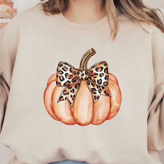 Encantadora calabaza de acuarela adornada con un elegante lazo con estampado de leopardo, perfecta para decoraciones de otoño y celebraciones de temporada.