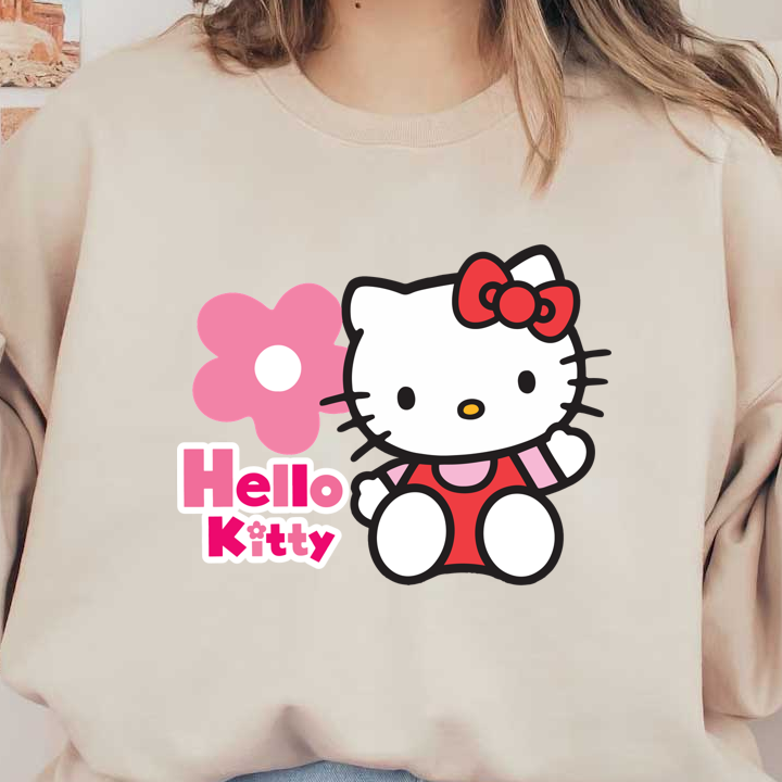 Meet Hello Kitty, the adorable white cat character with a signature red bow, accompanied by a cheerful flower and playful lettering!DTF Transfers