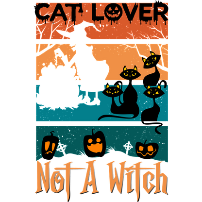 A fun Halloween-themed graphic showcasing a witch silhouette, playful cats, and pumpkins with the phrase "Cat Lover, Not A Witch."dtf regular iron