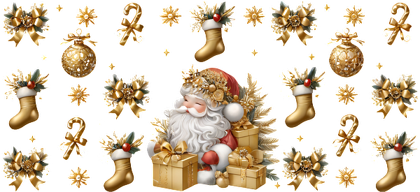 A festive illustration featuring Santa surrounded by gold-themed Christmas decorations, including gifts, stockings, ornaments, and holiday greenery.UV Transfers dtf transfers